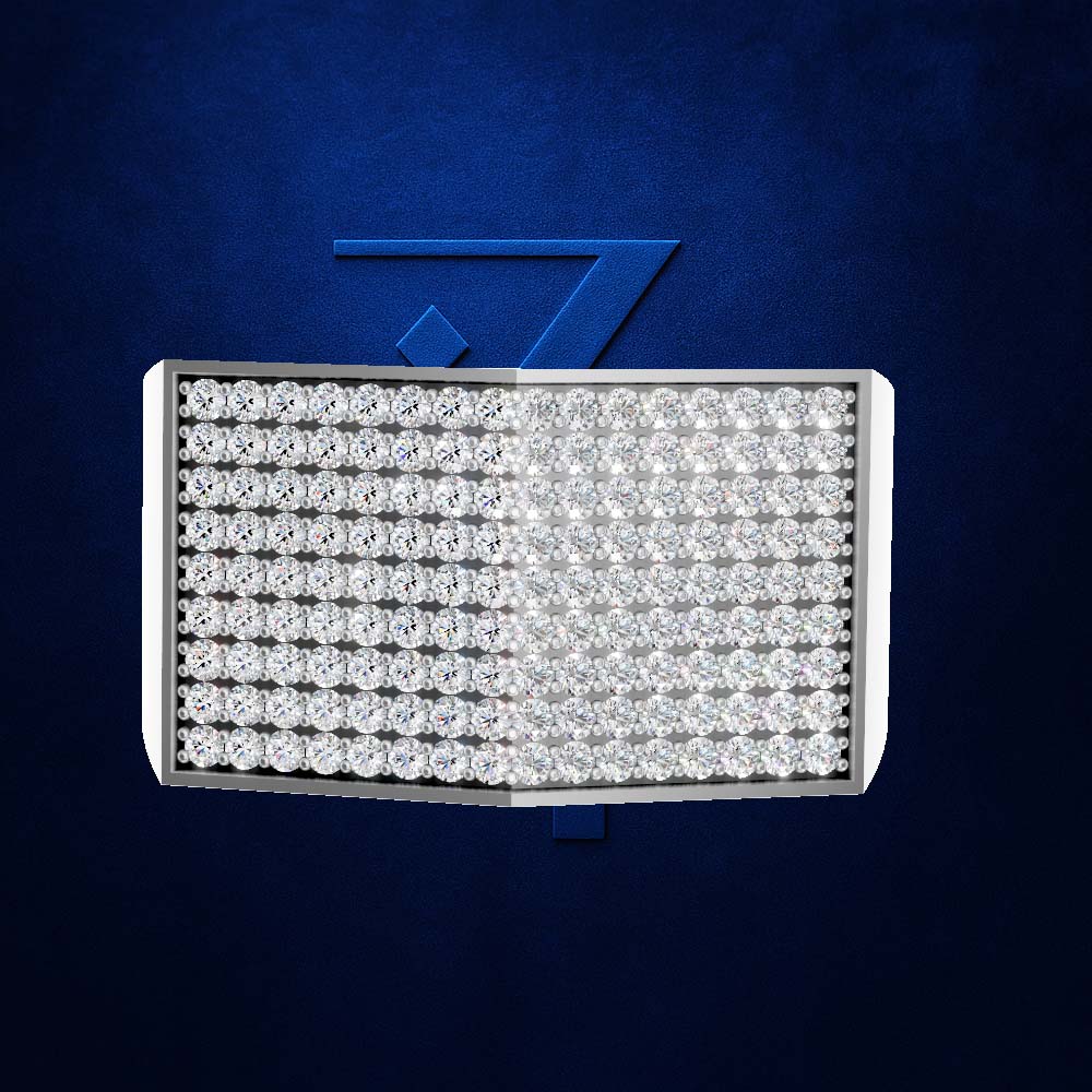 A rectangular LED wall light fixture with a silver metal frame, featuring a split design with rows of clear LED lenses on the left and a solid transparent panel on the right, set against a textured dark blue background with a subtle blue geometric logo.
