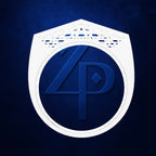 A white shield-shaped emblem with a stylized blue '4P' monogram on a dark blue textured background.
