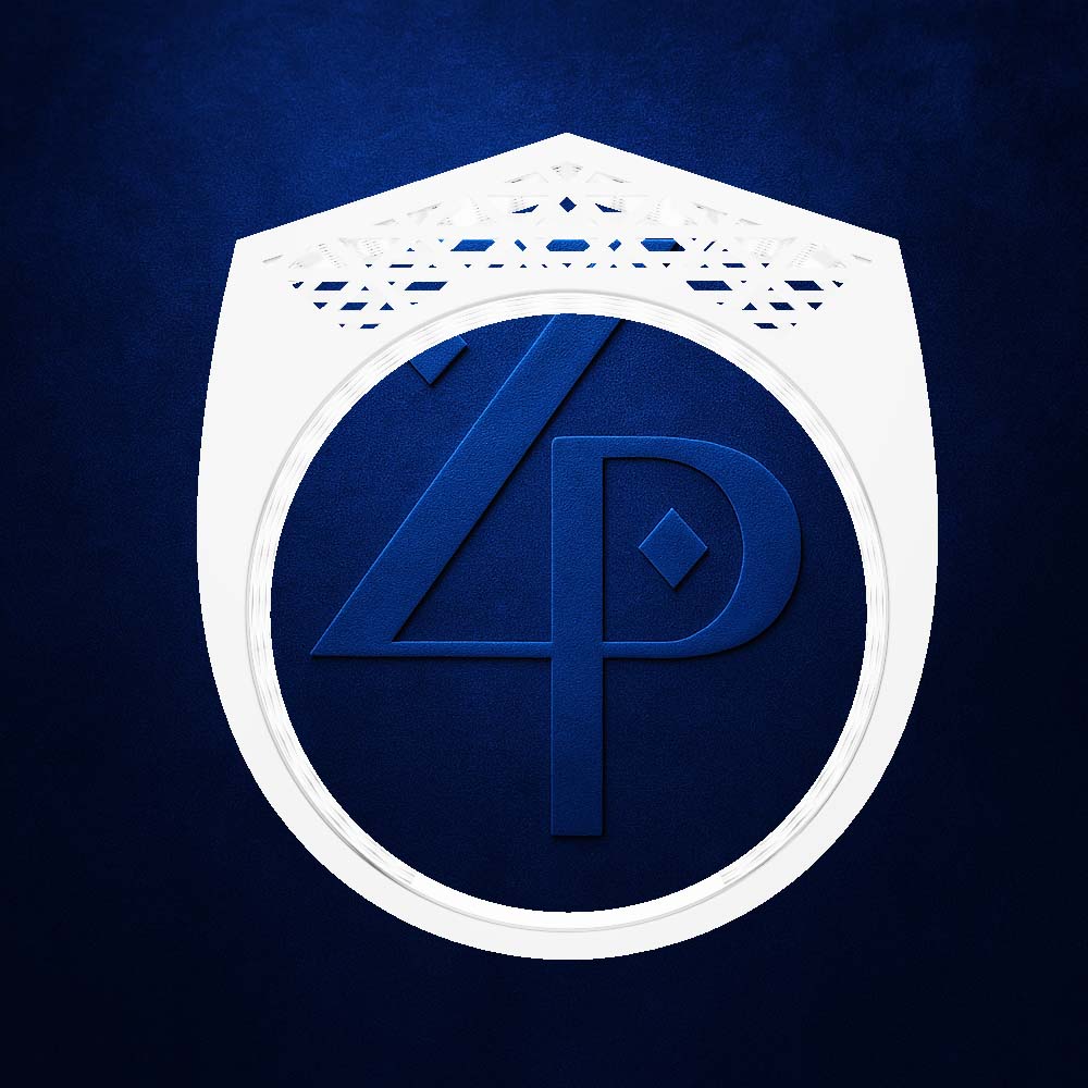 A white shield-shaped emblem with a stylized blue '4P' monogram on a dark blue textured background.