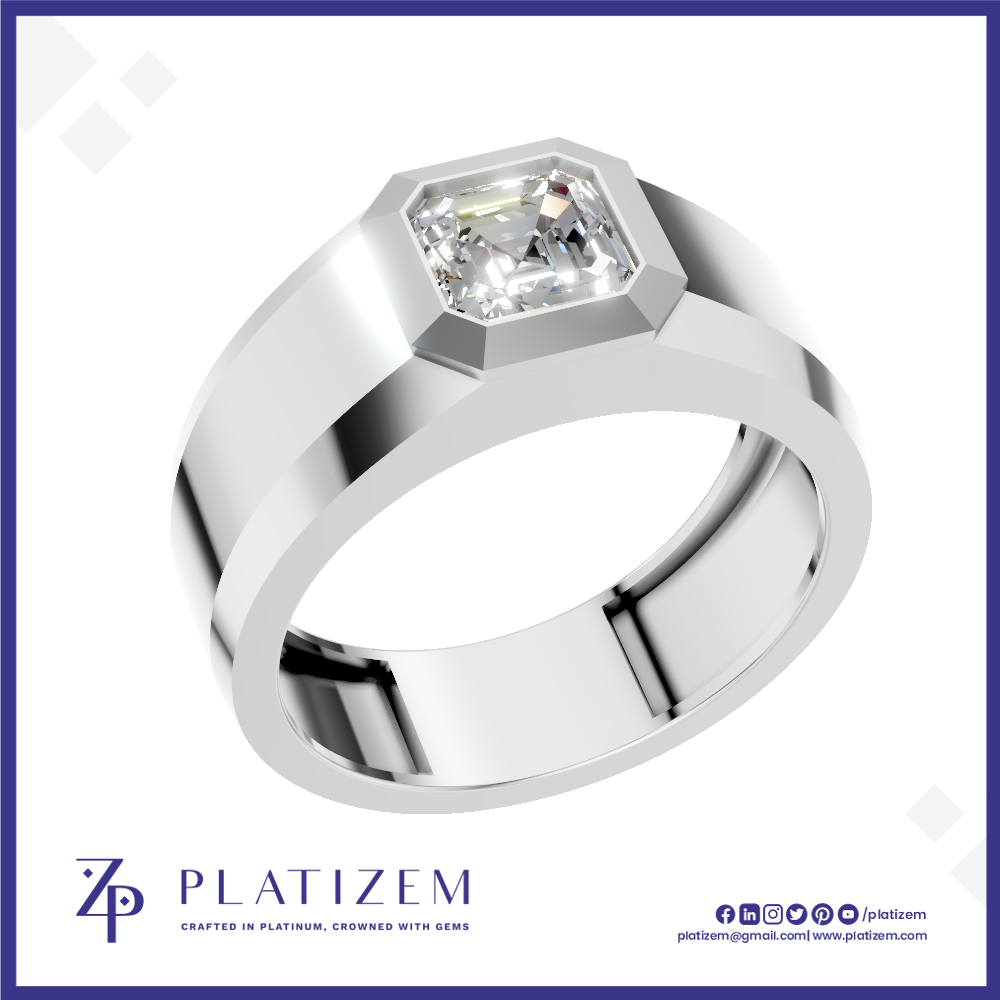 A silver-toned men's ring with a hexagonal bezel setting holding a clear gemstone, shown on a white background with the brand name PLATIZEM at the bottom.