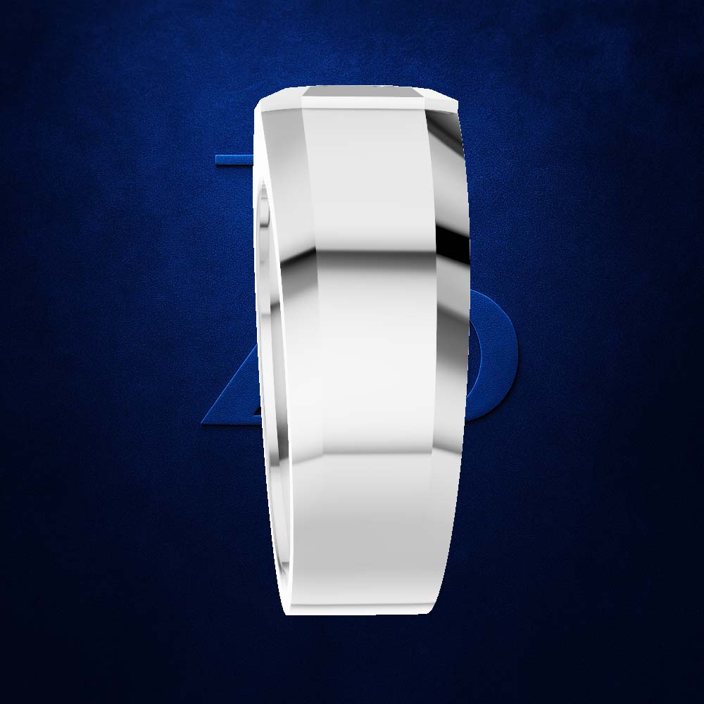 A polished silver-toned band ring with a beveled edge, shown from a side profile on a textured dark blue background.