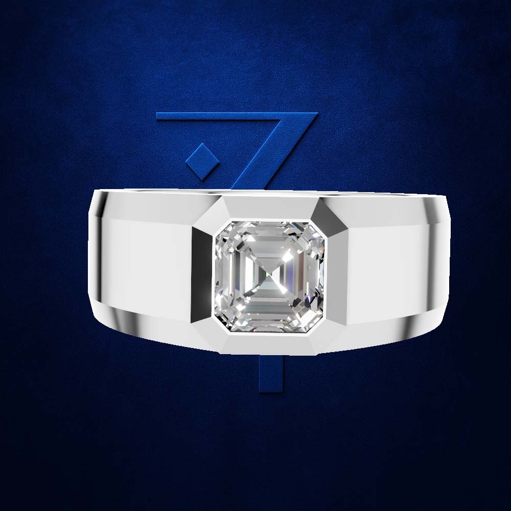 A silver-toned men's ring featuring a large, faceted square-cut clear gemstone, presented on a textured dark blue background with a matching blue stylized 'Z' logo behind it.