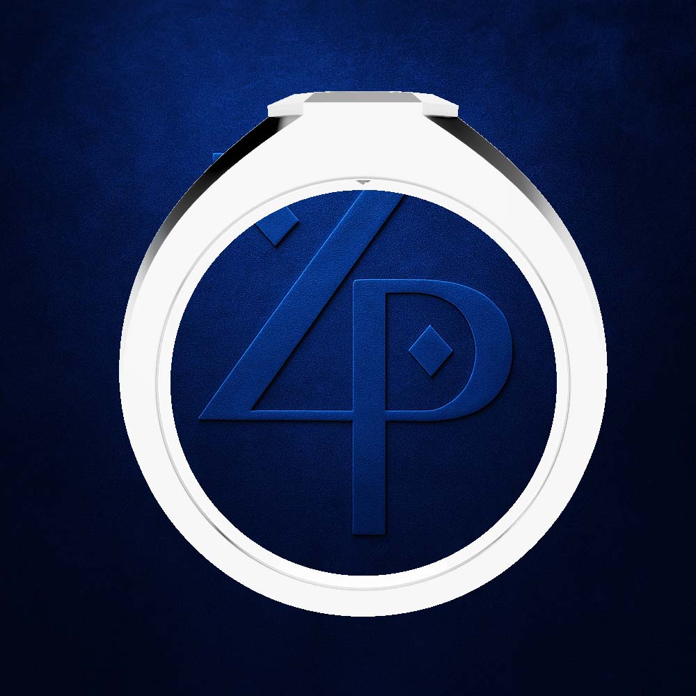 A circular white and silver ring-shaped product with a dark blue center featuring a stylized blue '4P' monogram, shown on a textured dark blue background.
