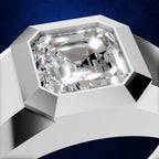 A close-up studio render of a ring with a large clear rectangular gemstone in a white metal setting against a dark blue background.