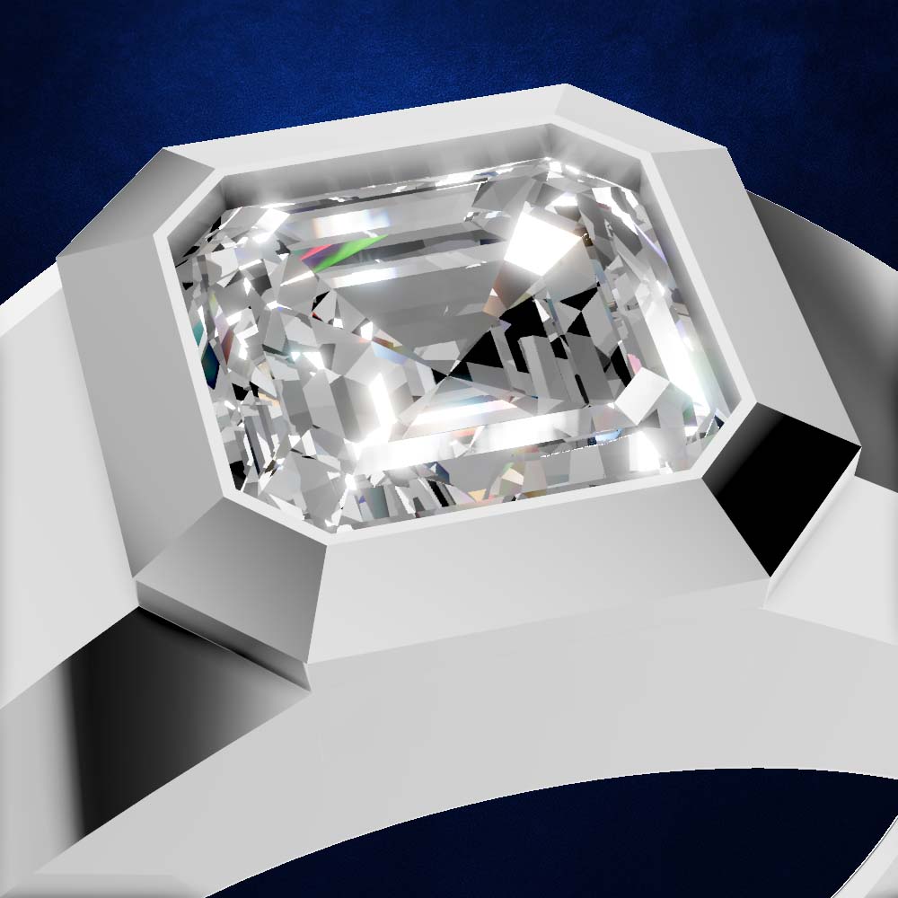 A close-up studio render of a ring with a large clear rectangular gemstone in a white metal setting against a dark blue background.