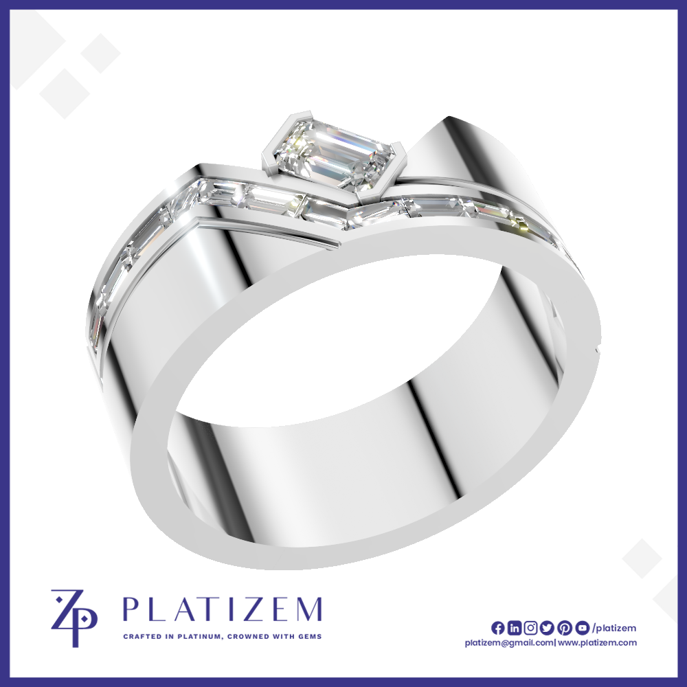 Emerald Cut Baguette Diamond Ring for Men with Chevron Design