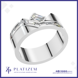 Emerald Cut Baguette Diamond Ring for Men with Chevron Design