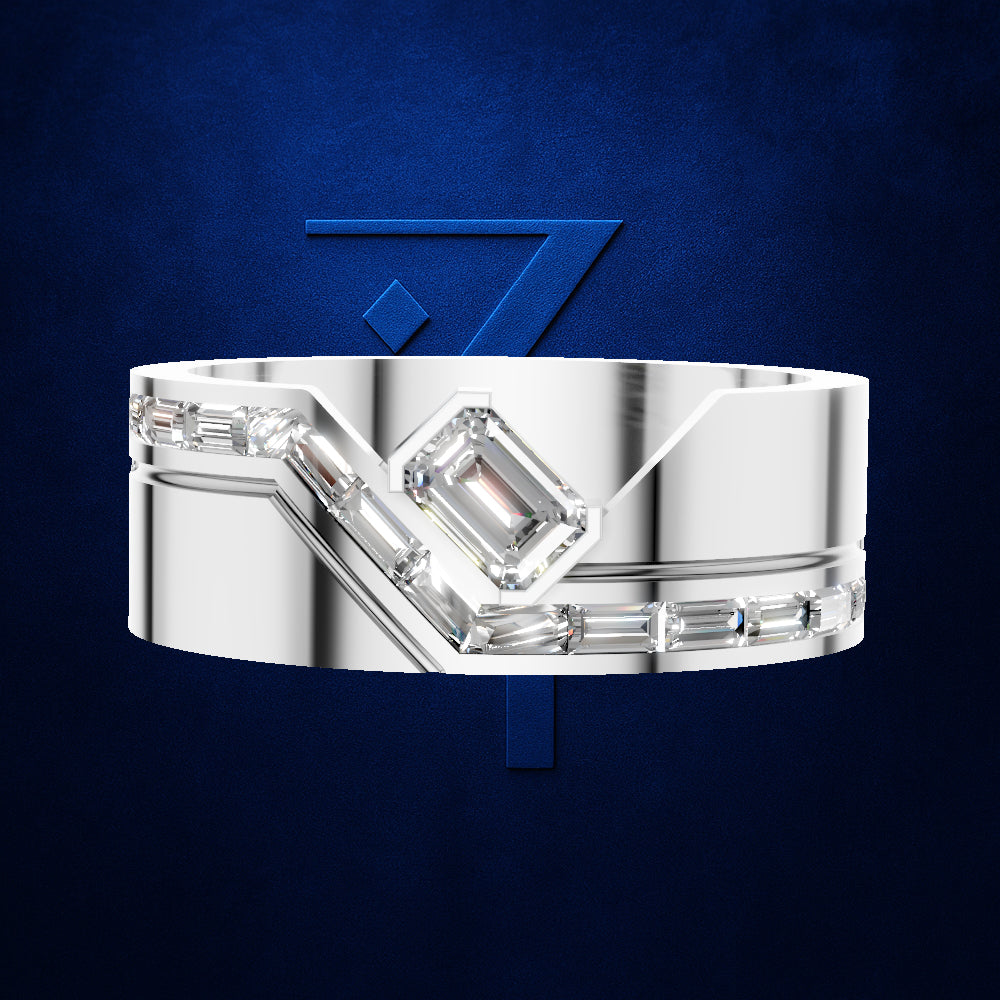 Emerald Cut Baguette Diamond Ring for Men with Chevron Design