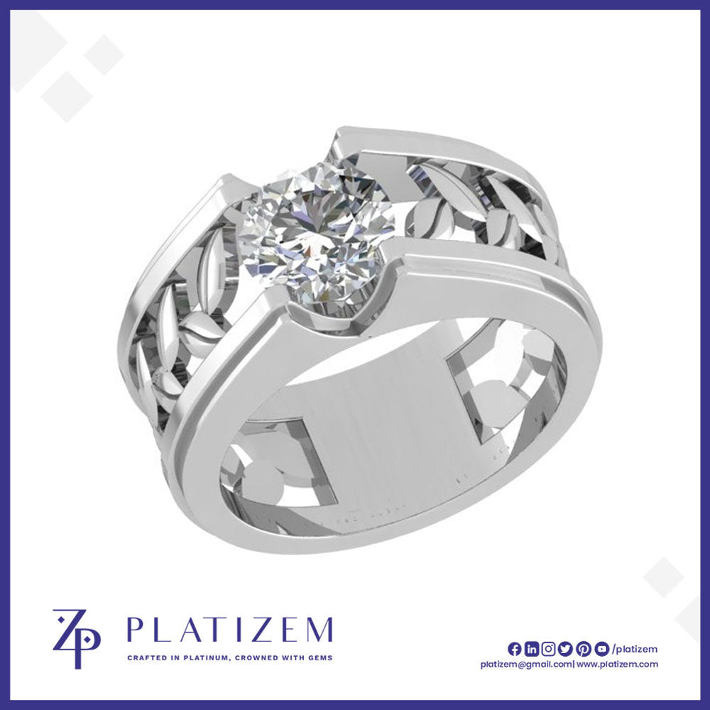 Round Lab Grown Diamond Wide Band Solitaire Ring with Leaf Filigree