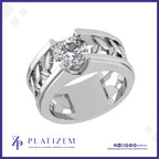 Round Lab Grown Diamond Wide Band Solitaire Ring with Leaf Filigree