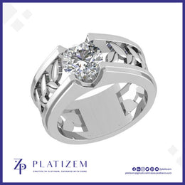 Round Lab Grown Diamond Wide Band Solitaire Ring with Leaf Filigree