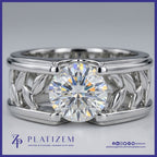 Round Lab Grown Diamond Wide Band Solitaire Ring with Leaf Filigree