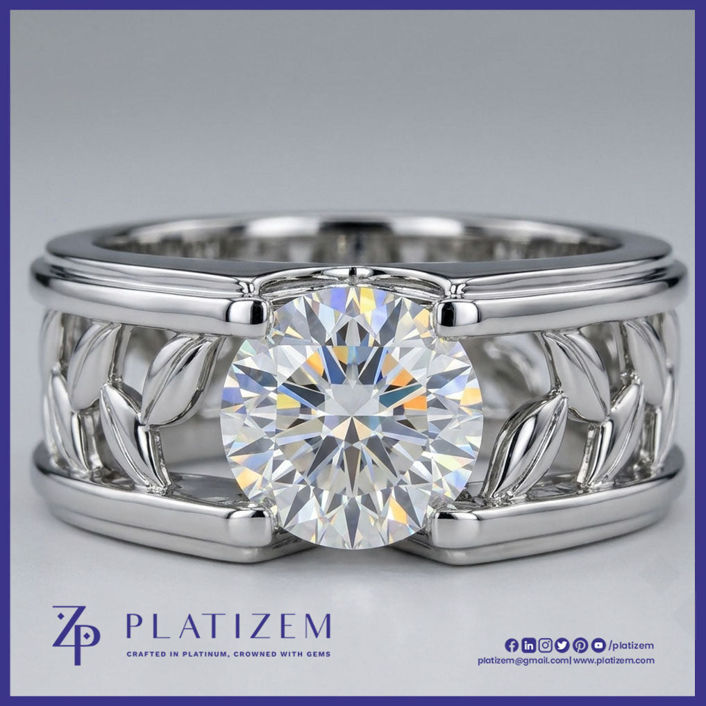 Round Lab Grown Diamond Wide Band Solitaire Ring with Leaf Filigree