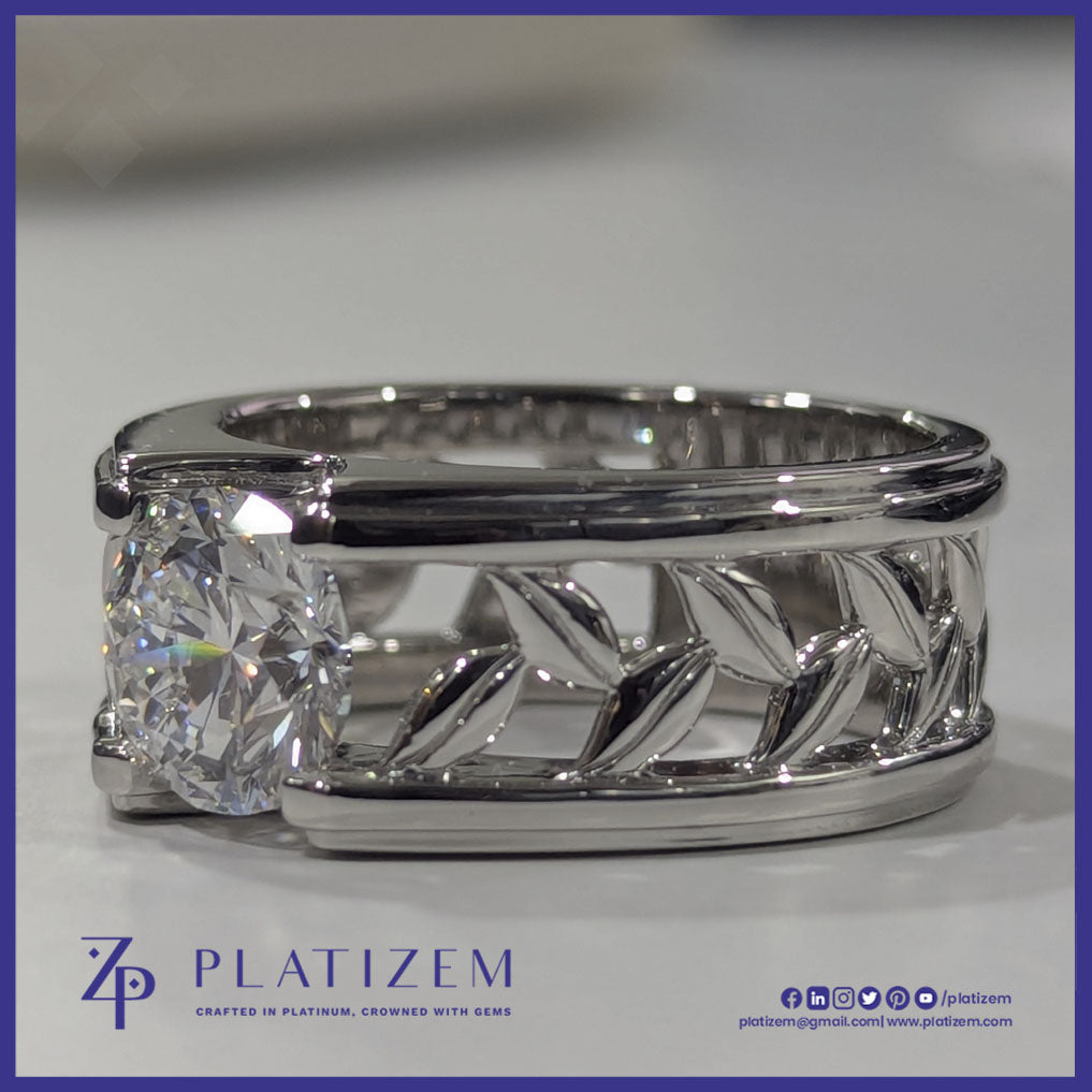 Round Lab Grown Diamond Wide Band Solitaire Ring with Leaf Filigree