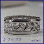 Round Lab Grown Diamond Wide Band Solitaire Ring with Leaf Filigree