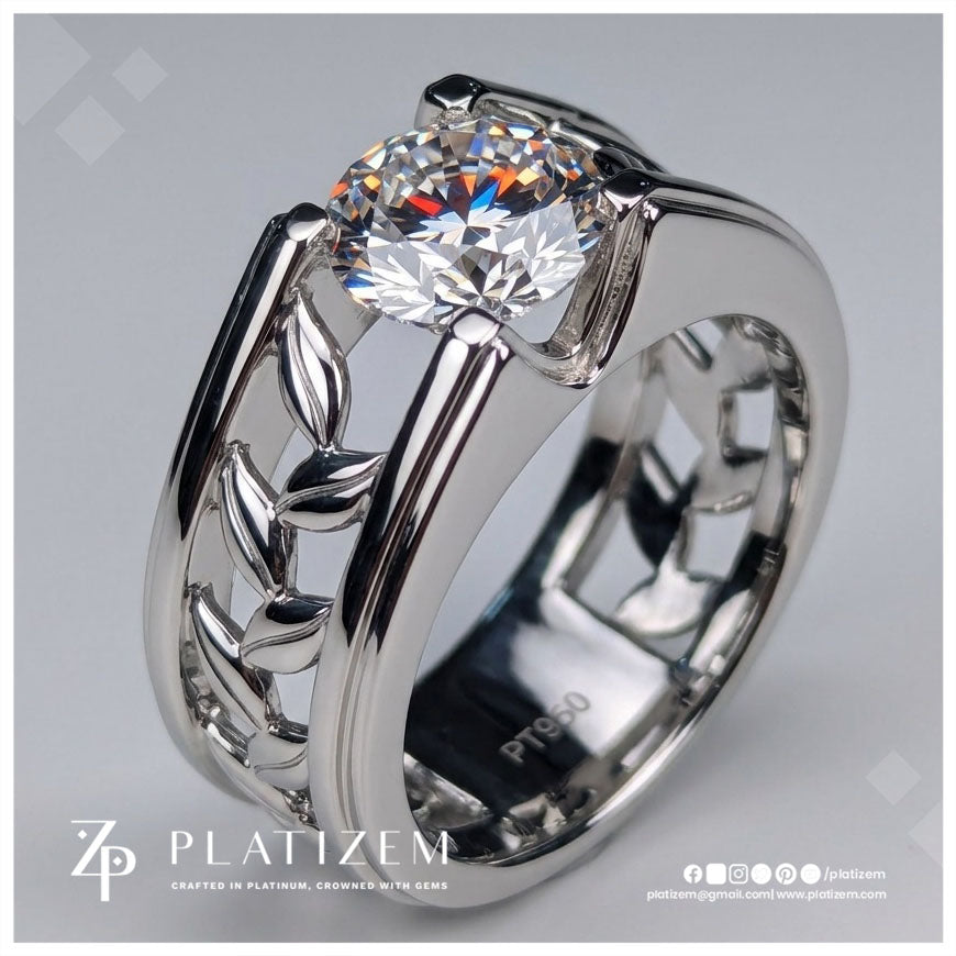 Round Lab Grown Diamond Wide Band Solitaire Ring with Leaf Filigree