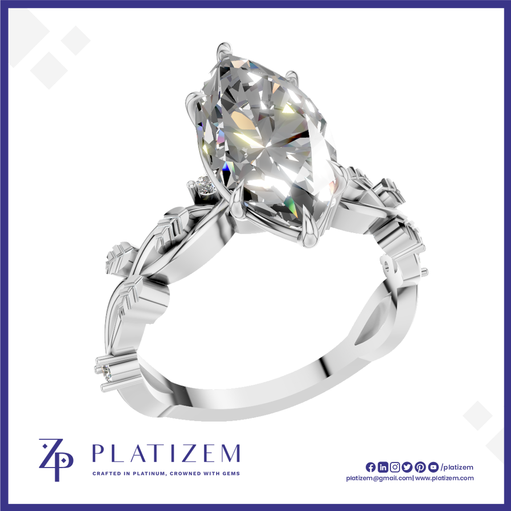 A platinum engagement ring featuring a large marquise-cut clear gemstone in a prong setting, with a detailed filigree band. The brand logo 'PLATIZEM' is visible at the bottom of the image.