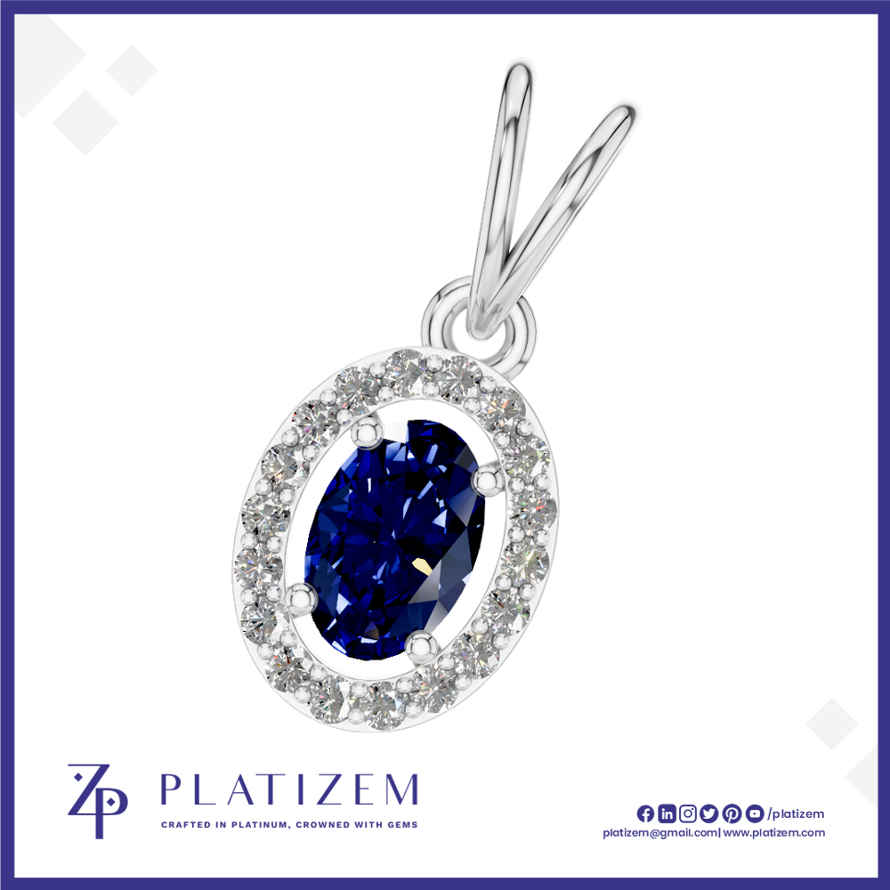 A silver pendant featuring a marquise-cut deep blue sapphire center stone surrounded by a halo of small clear stones, shown on a white background with the Platizem brand logo at the bottom.