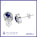 Silver-toned stud earrings with a round deep blue center stone and a halo of small clear stones, shown from front and side angles on a white background with the PLATIZEM brand logo at the bottom.