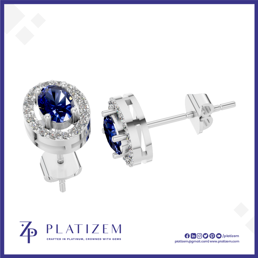 Silver-toned stud earrings with a round deep blue center stone and a halo of small clear stones, shown from front and side angles on a white background with the PLATIZEM brand logo at the bottom.