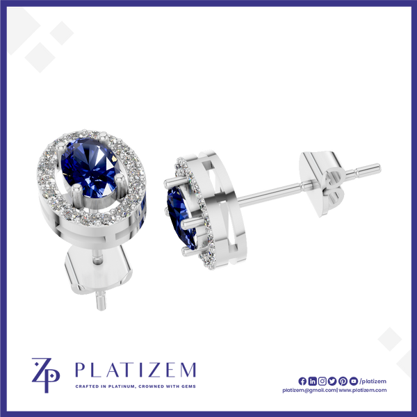 Silver-toned stud earrings with a round deep blue center stone and a halo of small clear stones, shown from front and side angles on a white background with the PLATIZEM brand logo at the bottom.