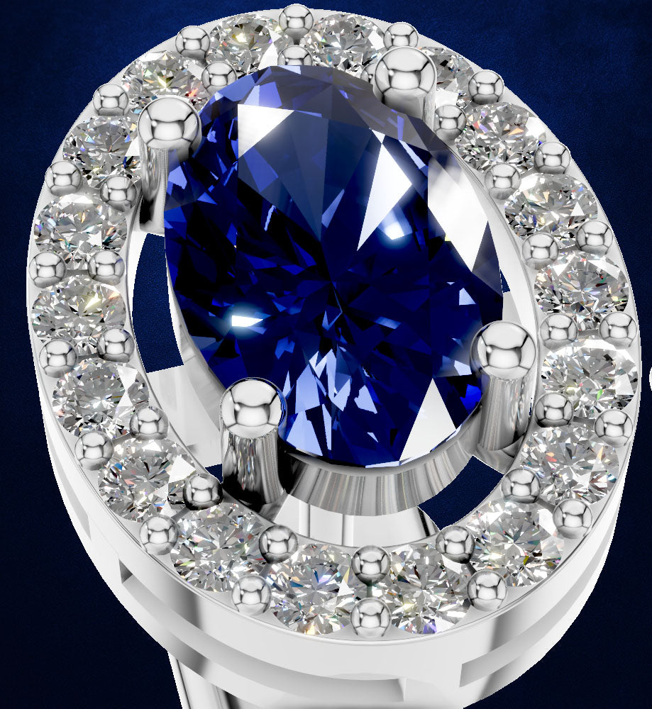 A close-up studio shot of a ring featuring a large oval deep blue sapphire center stone surrounded by a halo of small clear round diamonds in a silver-toned setting, against a dark blue background.