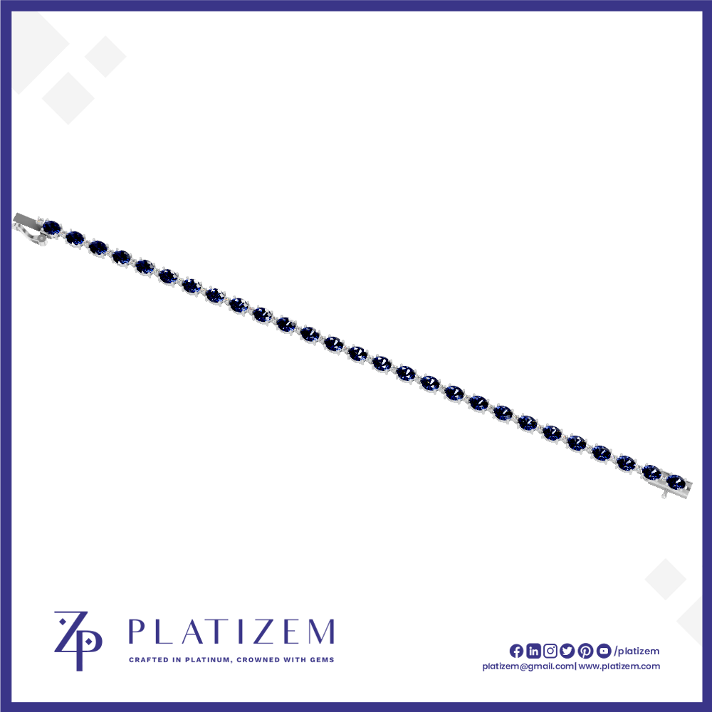 A silver-toned tennis bracelet with dark blue oval-cut stones, shown diagonally on a white background with the brand name 'PLATIZEM' at the bottom.