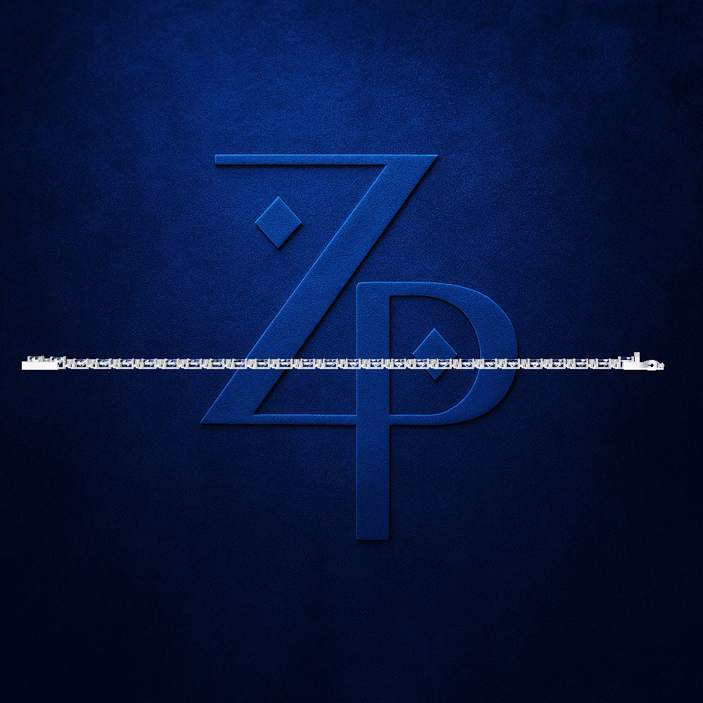 A dark blue textured background featuring a large embossed stylized 'ZP' monogram in the center, with a horizontal white line of small text crossing the middle.