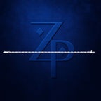 A dark blue textured background featuring a large embossed stylized 'ZP' monogram in the center, with a horizontal white line of small text crossing the middle.