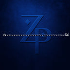A close-up of a dark blue zipper with a large embossed stylized 'ZP' logo on a textured dark blue background.