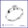 A classic six-prong solitaire engagement ring in polished white gold or platinum, featuring a round brilliant-cut diamond. The ring is presented on a white background with a blue border and the brand logo 'PLATIZEM' at the bottom.