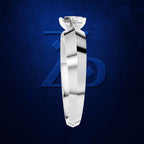 A polished silver-toned diamond ring with a brilliant six-prong setting, shown vertically against a textured dark blue background with a subtle geometric logo.