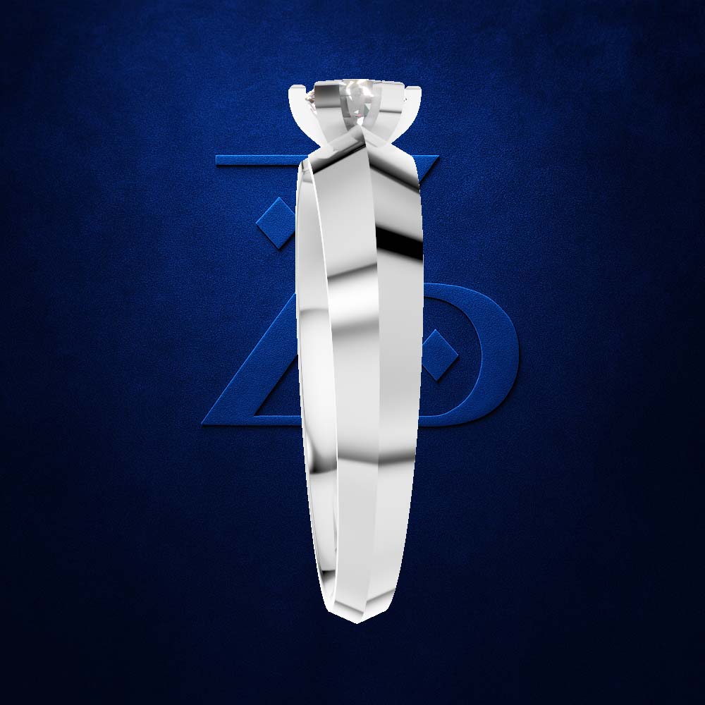 A polished silver-toned diamond ring with a brilliant six-prong setting, shown vertically against a textured dark blue background with a subtle geometric logo.