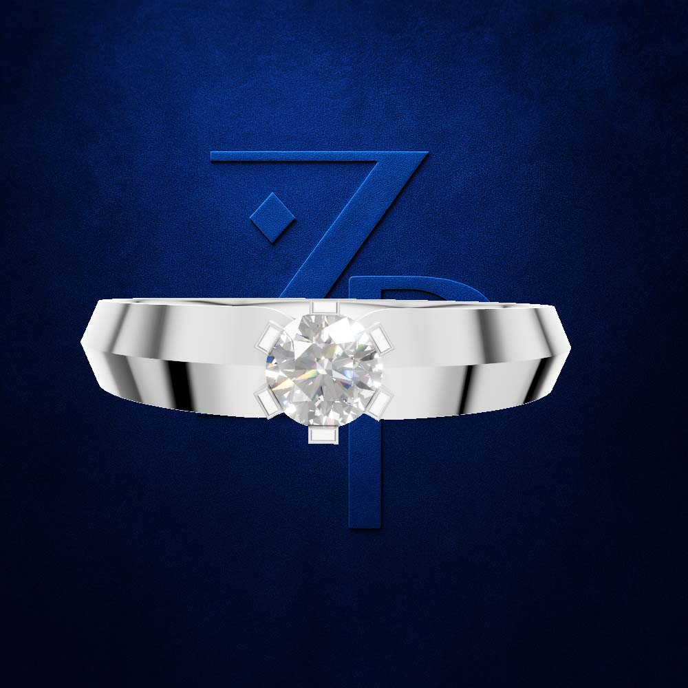 A silver-toned ring with a large round clear gemstone in a prong setting, centered against a dark textured blue background with a large stylized blue number 7 behind it.
