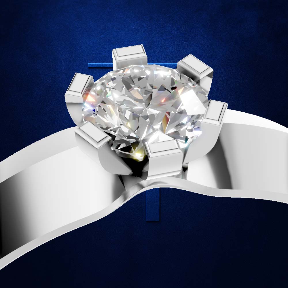 A close-up studio render of a solitaire diamond ring with a brilliant round-cut diamond set in a polished silver-toned band, shown against a deep blue textured background.