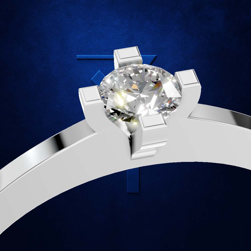 A close-up studio render of a solitaire ring with a round brilliant-cut diamond set in a polished silver-toned band, shown against a dark blue textured background.