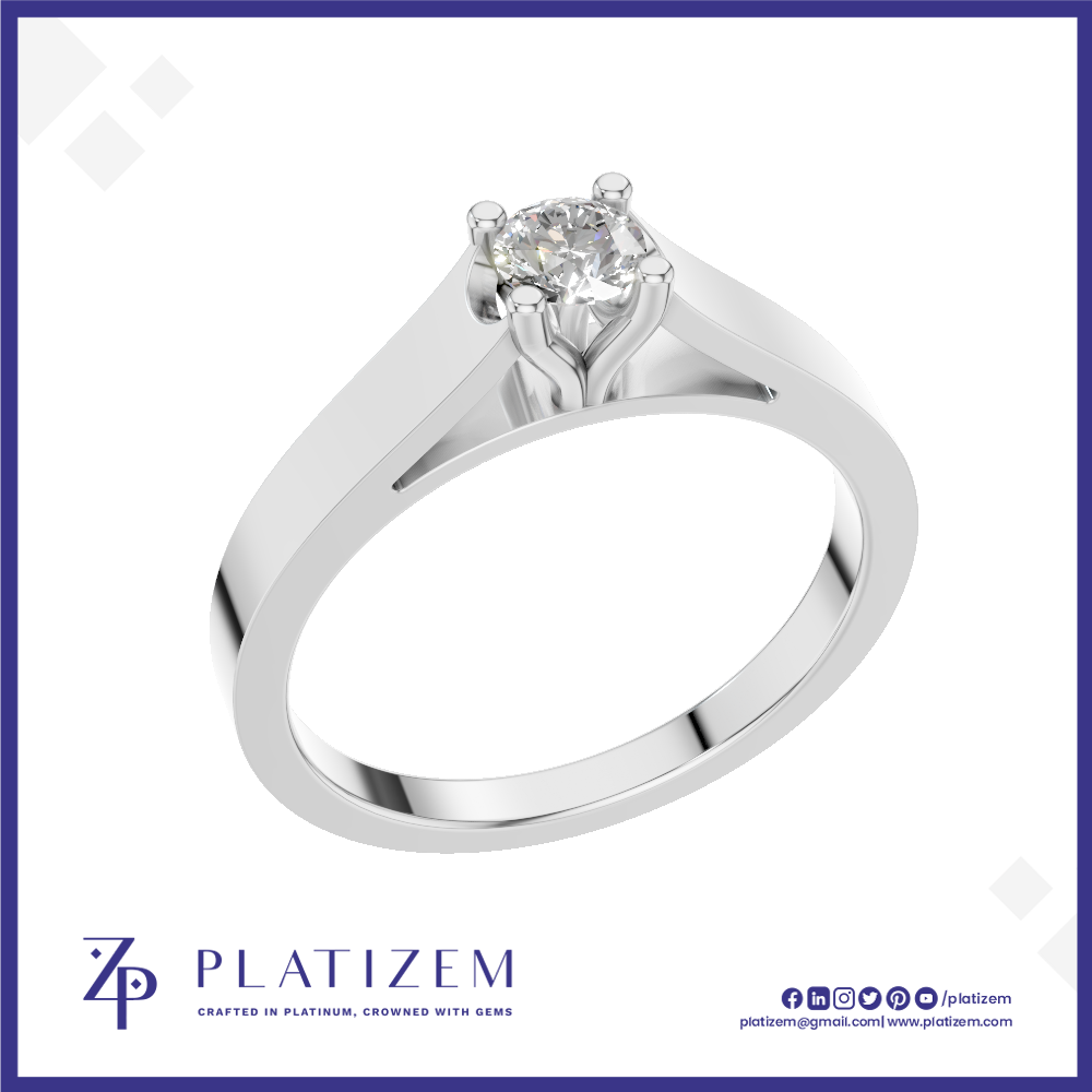 A classic solitaire engagement ring with a round brilliant-cut diamond set in a polished white gold or platinum band, presented on a white background with a blue border and the Platizem brand logo at the bottom.
