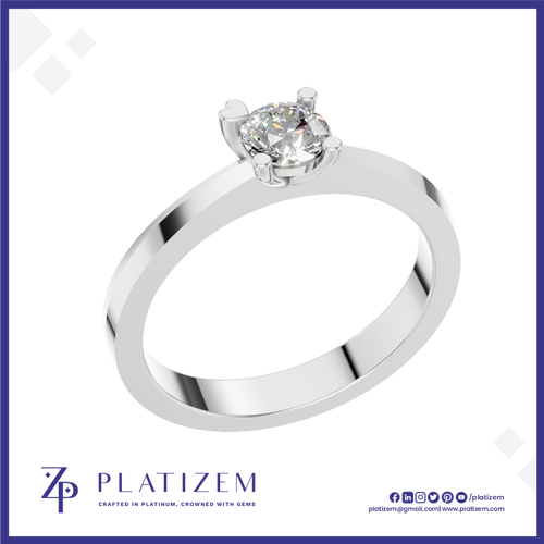 A classic solitaire engagement ring with a round brilliant-cut diamond set in a polished white gold or platinum band, presented on a white background with a blue border and the Platizem brand logo at the bottom.