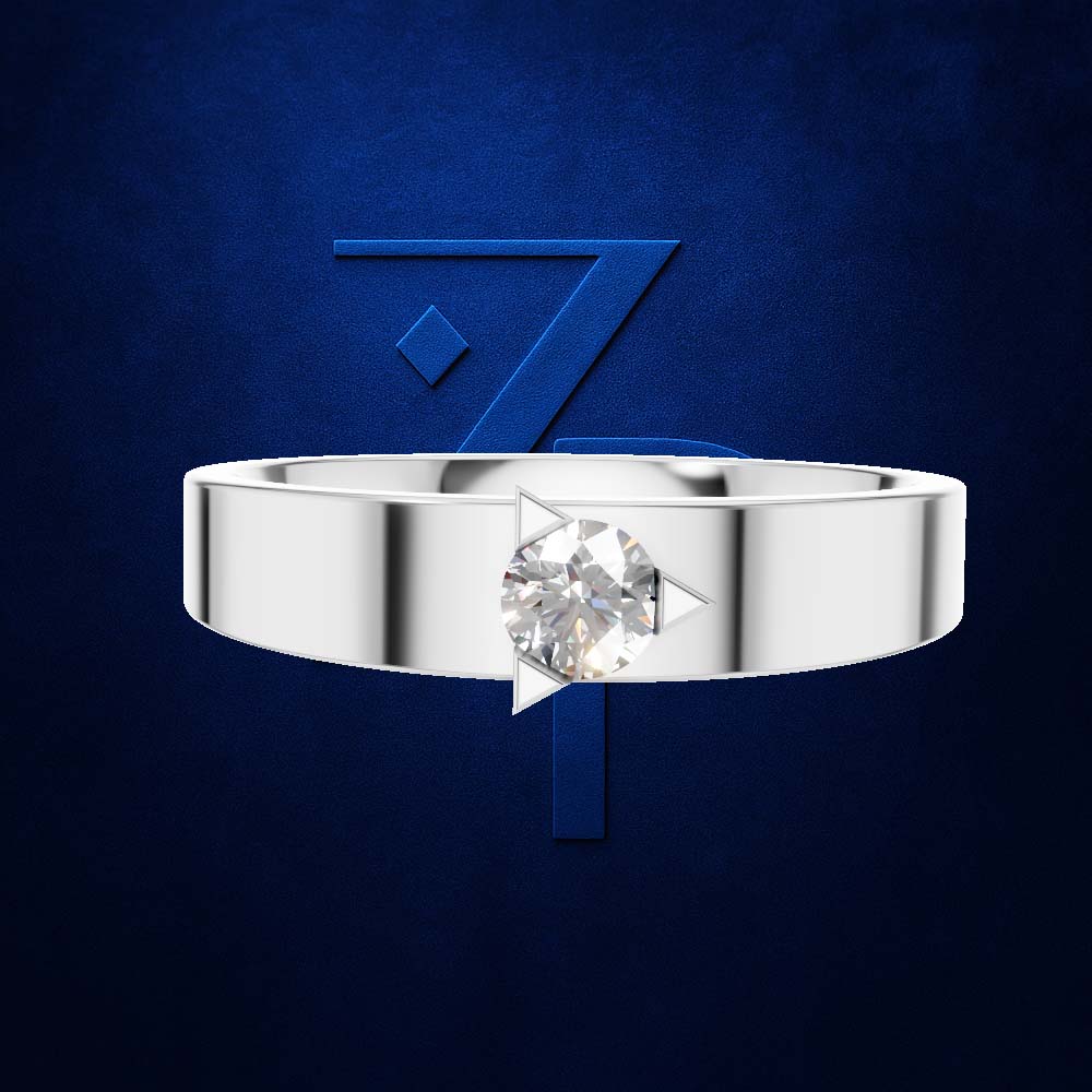 A silver-toned band ring with a single round clear gemstone in a prong setting, centered against a dark blue textured background with a large stylized blue number 7 behind it.