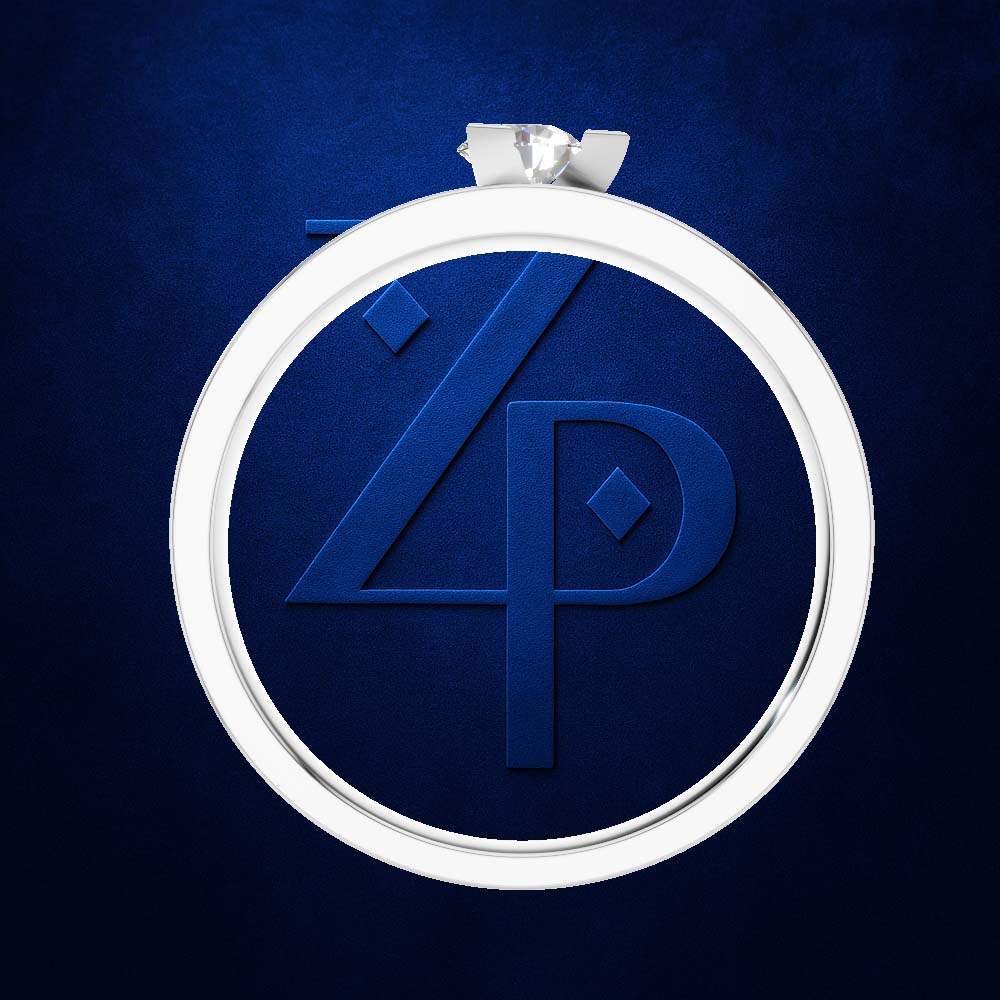 A silver circular pendant or medallion with a bail at the top, featuring a large embossed stylized '4P' monogram in dark blue on a textured dark blue background. The pendant is shown against a matching dark blue textured backdrop.