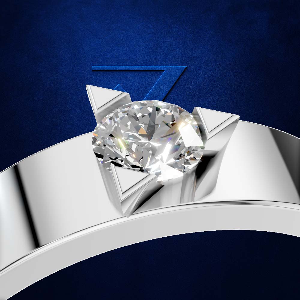 A close-up studio shot of a silver-toned ring with a large clear oval gemstone, set against a deep blue textured background with a faint geometric logo.