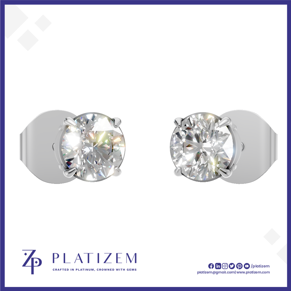 A pair of solitaire stud earrings with round brilliant-cut clear gemstones in a silver-toned setting, shown on a white background with the PLATIZEM brand logo at the bottom.