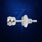 A single silver-toned stud earring shown from the side against a dark textured blue background with a large stylized 'Z' logo behind it.