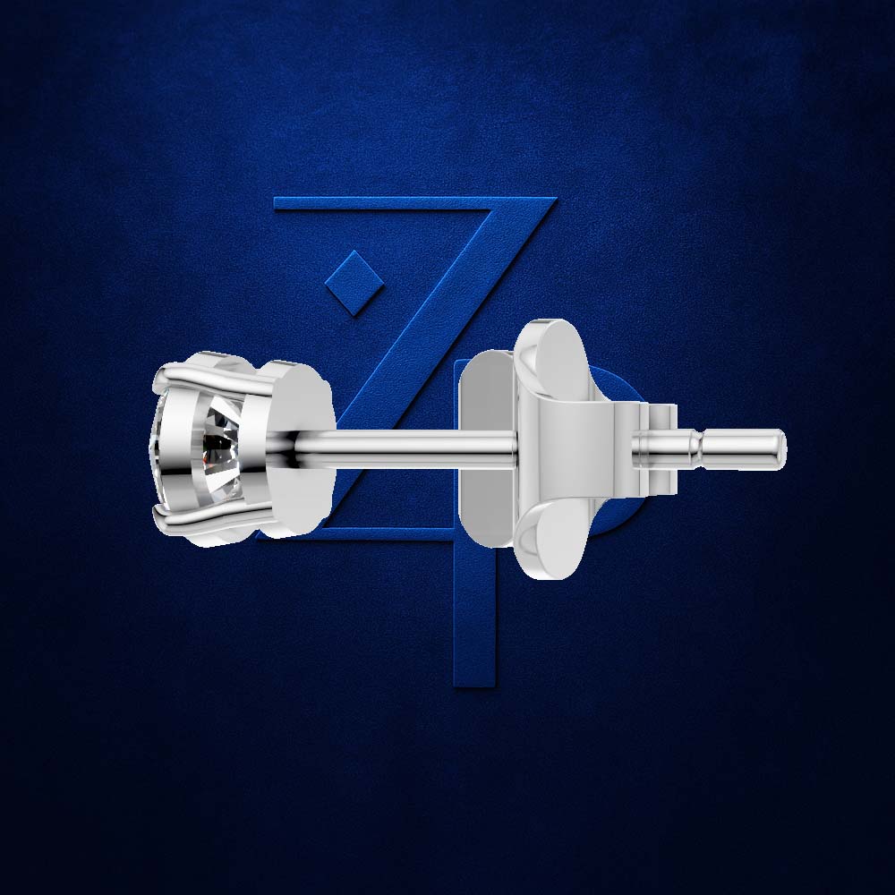 A single silver-toned stud earring shown from the side against a dark textured blue background with a large stylized 'Z' logo behind it.