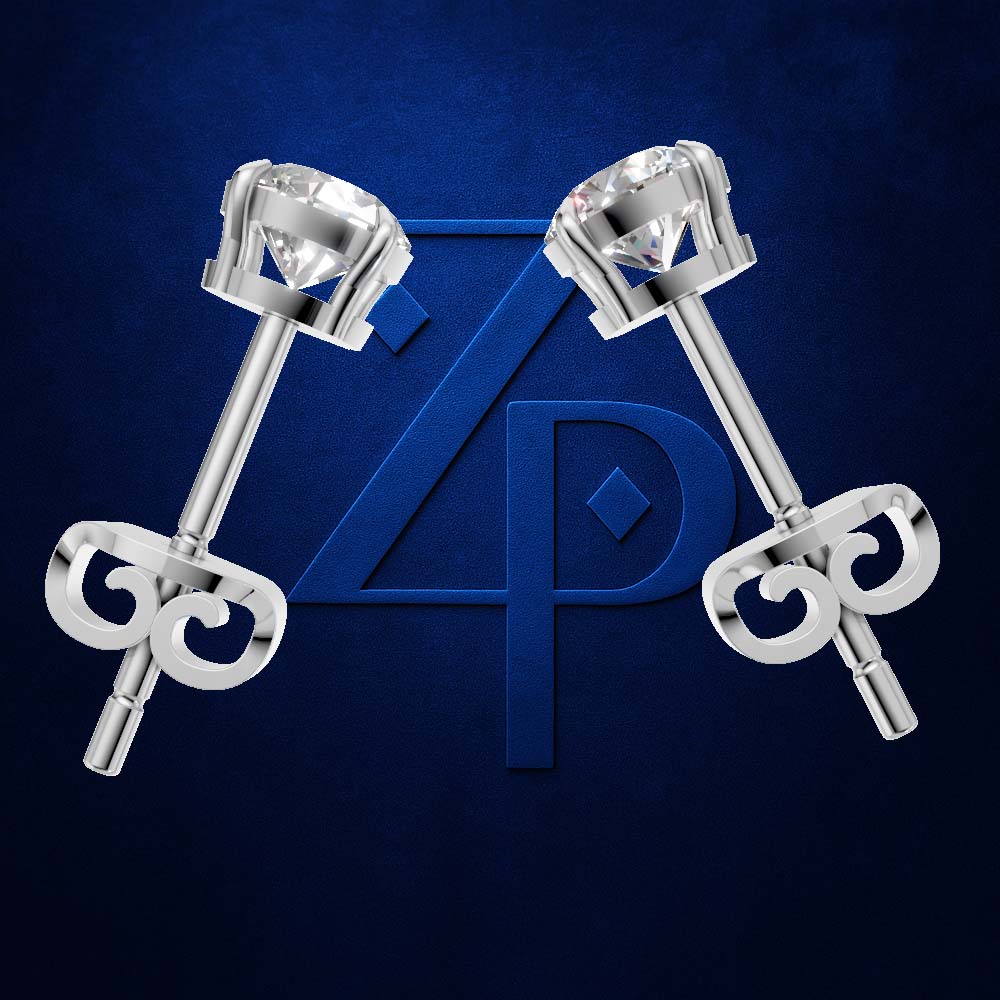 A pair of silver-toned stud earrings with round-cut clear gemstones and decorative scroll backings, displayed on a dark blue textured background with a large blue monogram logo behind them.