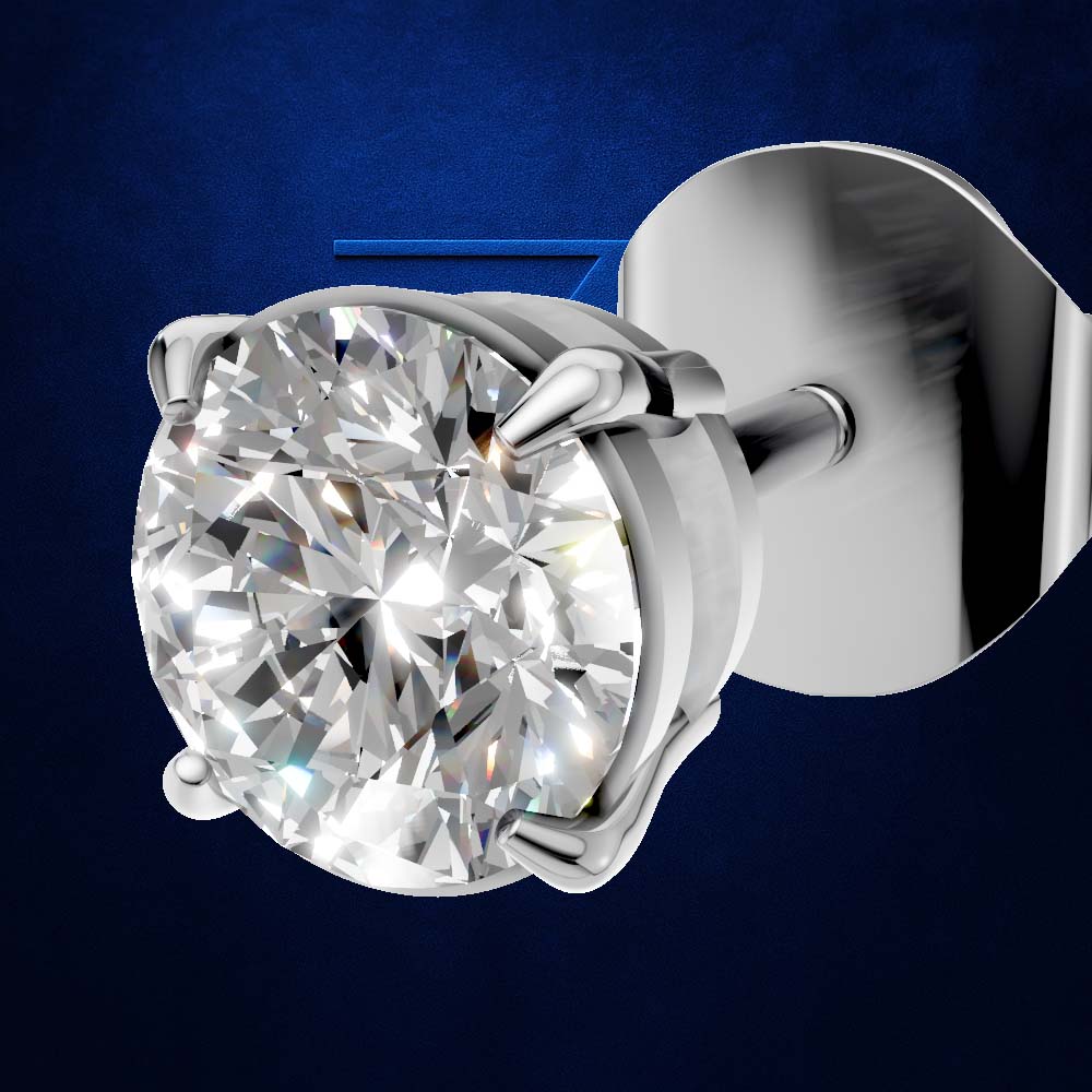 A single solitaire diamond stud earring in a polished silver-toned setting, shown against a dark blue textured background.