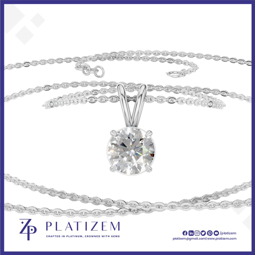 A silver-tone solitaire necklace with a round brilliant-cut clear gemstone pendant, displayed on a white background with the brand name PLATIZEM at the bottom.