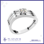 A silver-colored double-band ring with a round-cut clear gemstone in a four-prong setting, presented on a white background with a blue border and the 'PLATIZEM' brand logo at the bottom.