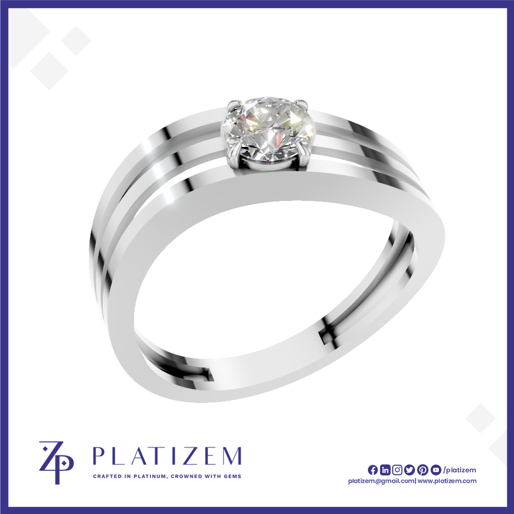 A silver-colored double-band ring with a round-cut clear gemstone in a four-prong setting, presented on a white background with a blue border and the 'PLATIZEM' brand logo at the bottom.