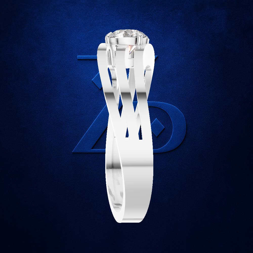 A silver-toned solitaire engagement ring with a round brilliant-cut diamond, shown floating against a textured dark blue background with a faint stylized logo.